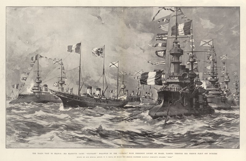 Der Besuch des Zaren in Frankreich, die Yacht Seiner Majestät Standart gefolgt von der Cassini mit Präsident Loubet an Bord, passiert die französische Flotte vor Dünkirchen von William T. Maud