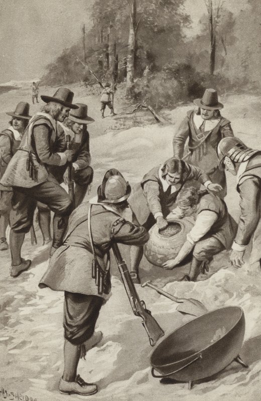Die Pilgerväter schlagen auf den Sand und finden Mais von after Charles Mills Sheldon