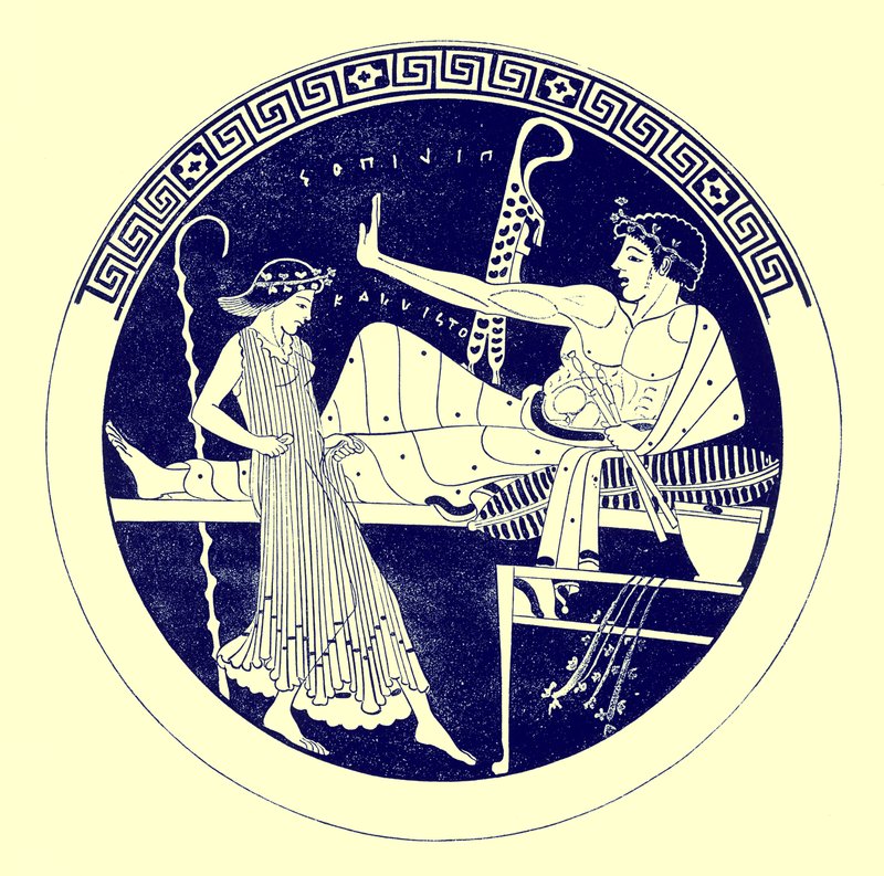 Tanzendes Mädchen und feiernder Jüngling, Illustration aus Griechische Vasenmalereien von J. E. Harrison und D. S. MacColl, veröffentlicht 1894 von after English School