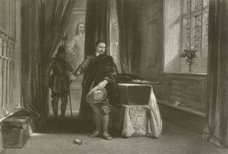 Cromwell betrachtet den Körper von Karl I., ein Schatten bewegte sich über seine Stirn von after George Cattermole
