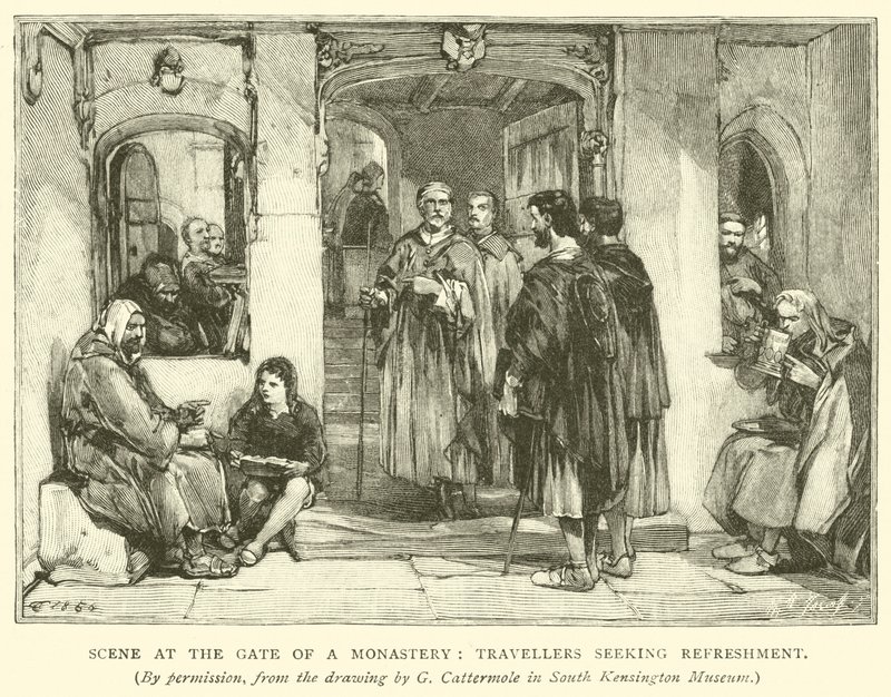 Szene am Tor eines Klosters, Reisende suchen Erfrischung von after George Cattermole