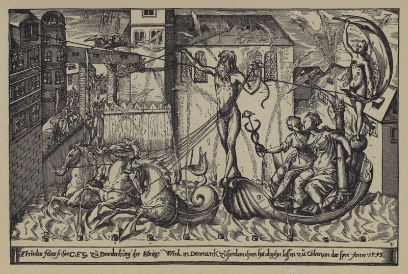 Feuerwerk am Schloss des Markgrafen von Brandenburg in Colln an der Spree anlässlich des Besuchs von König Christian IV von Dänemark, 10. Oktober 1595 von after German School