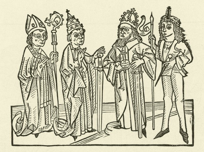 Der Heilige Römische Kaiser und der Papst, begleitet von einem Ritter und einem Bischof, die Schwerter halten, symbolisieren die richterliche Macht in ihren Ländern von after German School