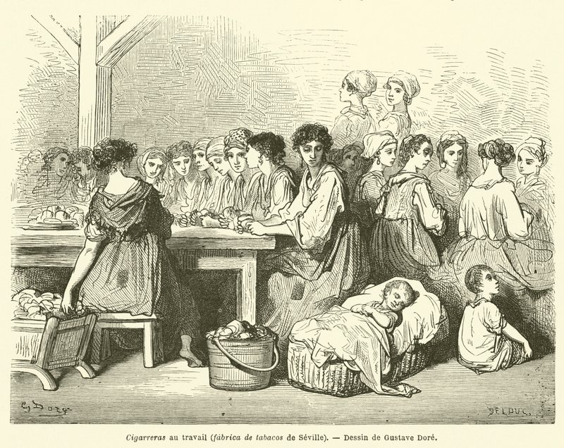 Zigarrenarbeiterinnen bei der Arbeit, Tabakfabrik von Sevilla von Gustave after Dore
