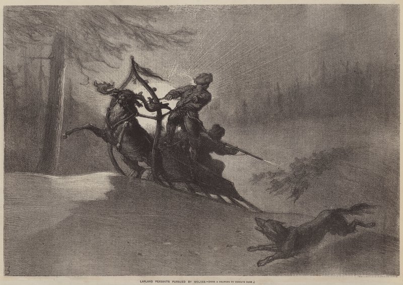 Lappenbauern von Wölfen verfolgt von Gustave after Dore