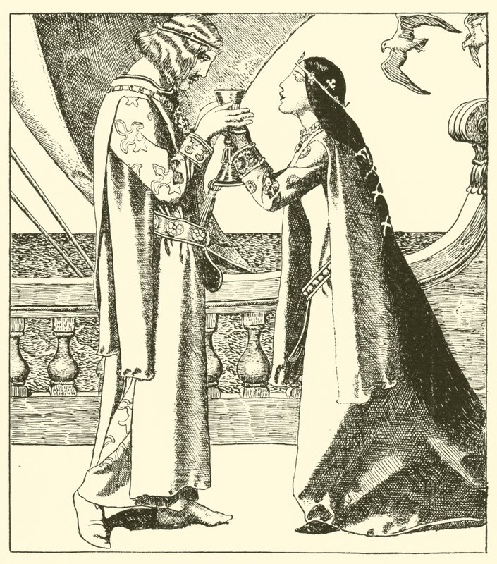 Belle Isoult und Sir Tristram trinken den Liebestrank von after Howard Pyle