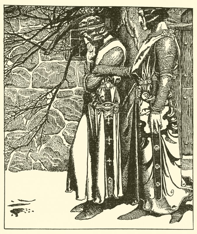 Sir Kay unterbricht die Meditationen von Sir Percival von after Howard Pyle
