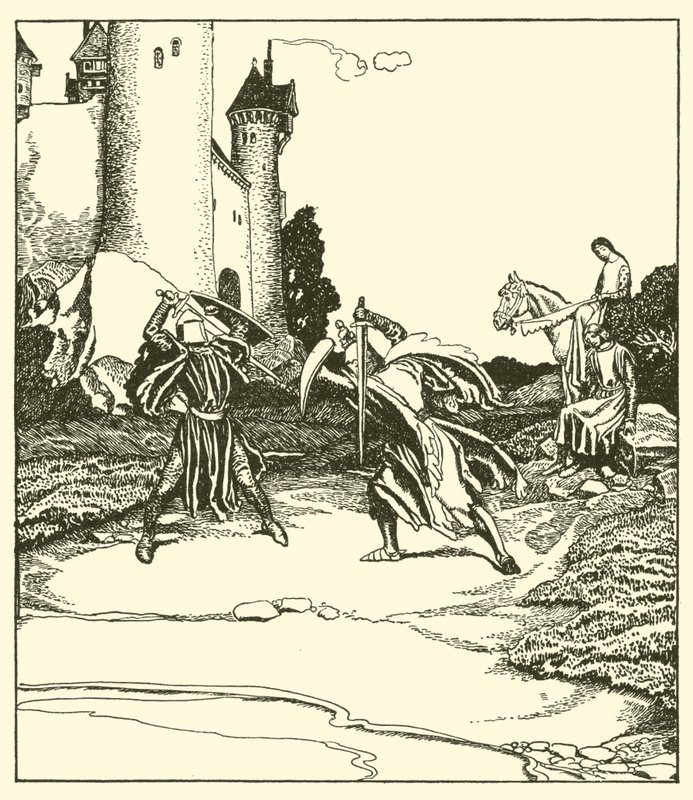 Sir Launcelot kämpft mit Sir Turquine von after Howard Pyle