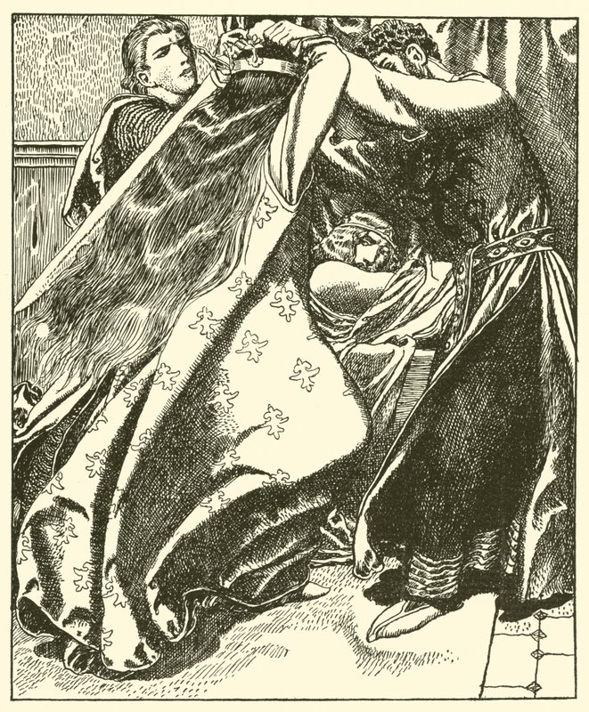 Die Königin von Irland versucht, Sir Tristram zu töten von after Howard Pyle