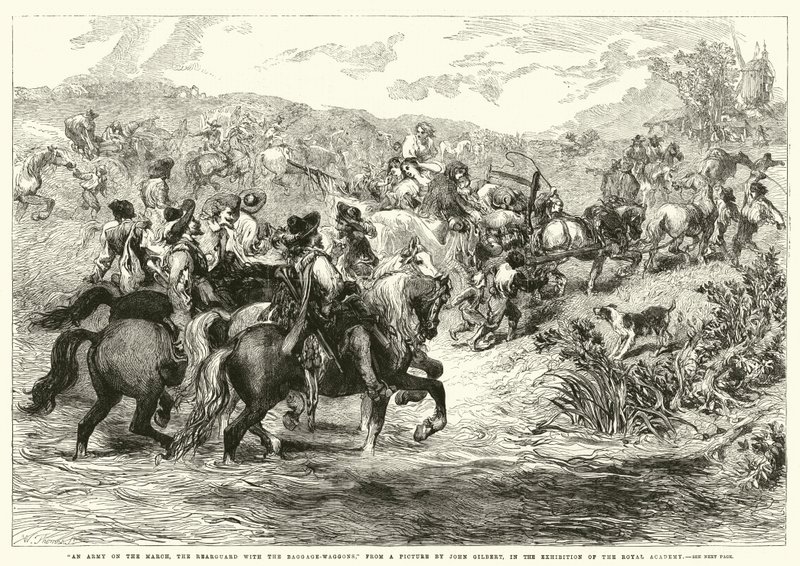 Eine Armee auf dem Marsch, die Nachhut mit den Gepäckwagen, in der Ausstellung der Royal Academy von after John Gilbert