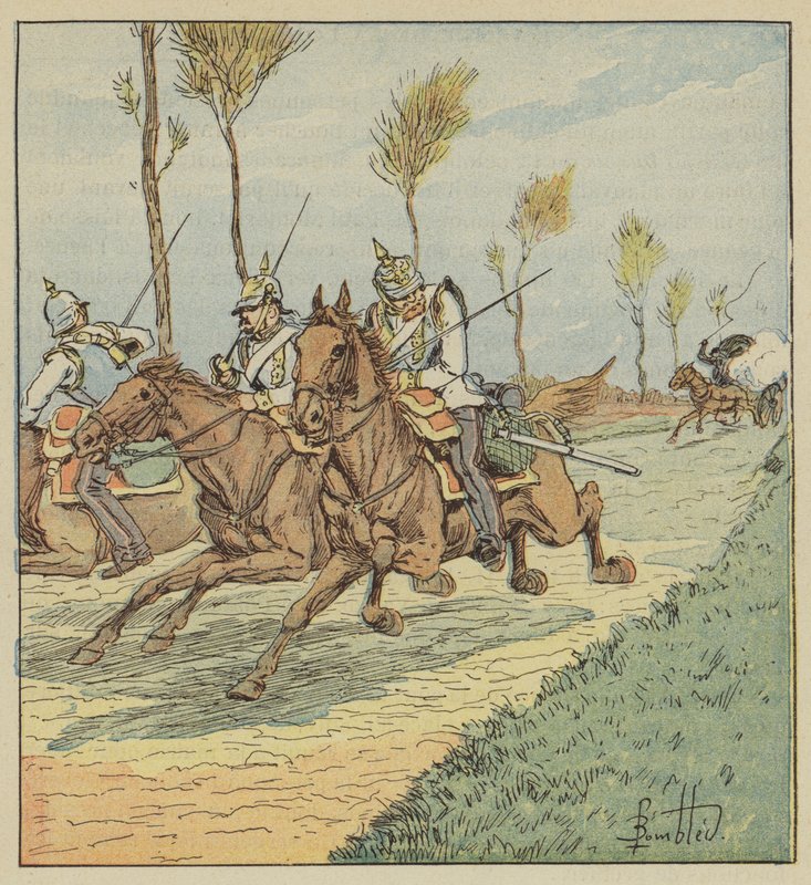 Preußische Kürassiere von Freischärlern verfolgt von after Louis Charles Bombled