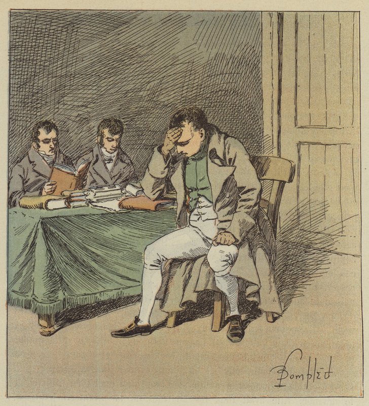 Und Napoleon schwieg einige Augenblicke, den Kopf auf eine seiner Hände gestützt von after Louis Charles Bombled