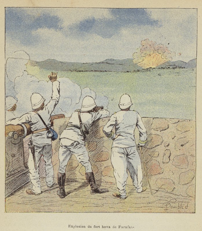 Explosion des Hova-Forts von Farafate von after Louis Charles Bombled