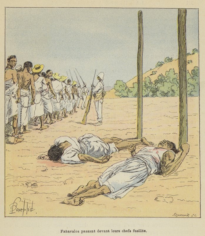 Fahavalos passieren ihre erschossenen Anführer von after Louis Charles Bombled