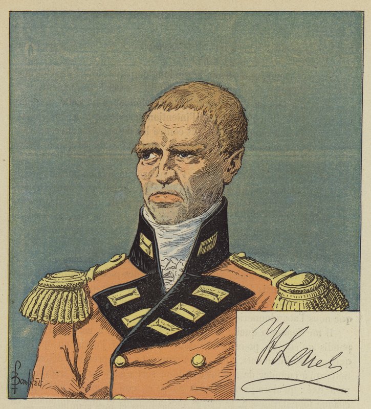 Hudson Lowe nach einer Zeichnung der Nationalbibliothek, Die Unterschrift von Lowe von after Louis Charles Bombled