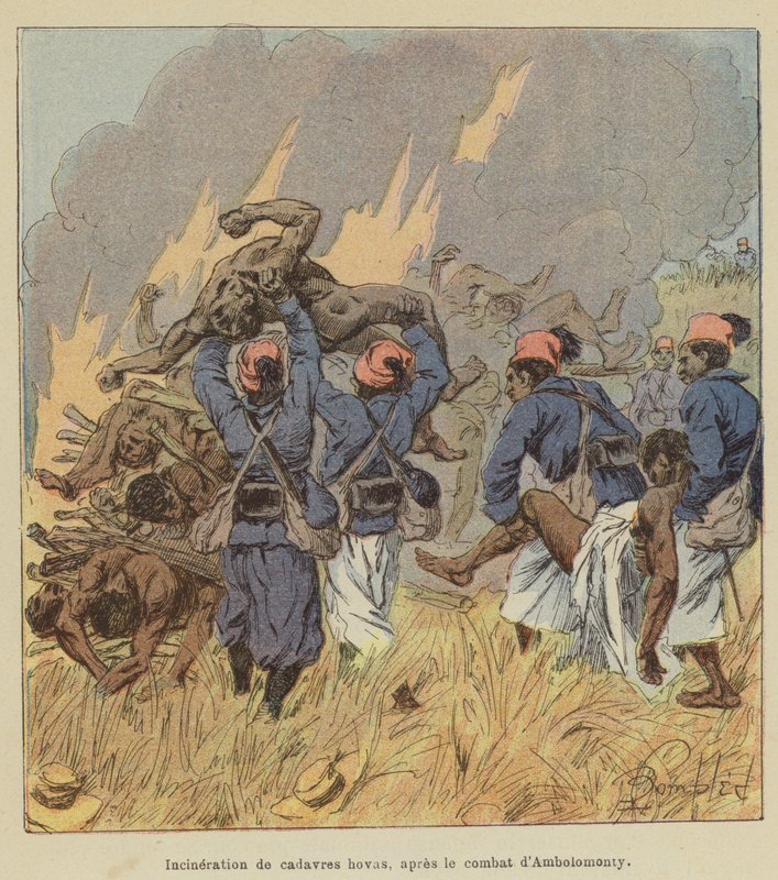 Verbrennung von Hova-Leichen nach dem Kampf von Ambolomonty von after Louis Charles Bombled