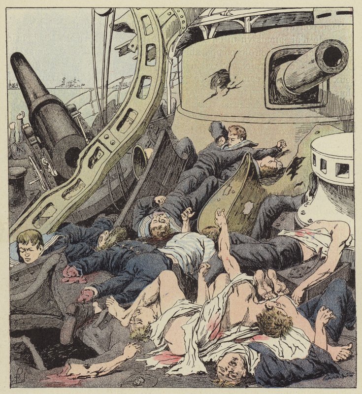 Das Deck der Waryag nach der Schlacht vom 9. Februar von after Louis Charles Bombled