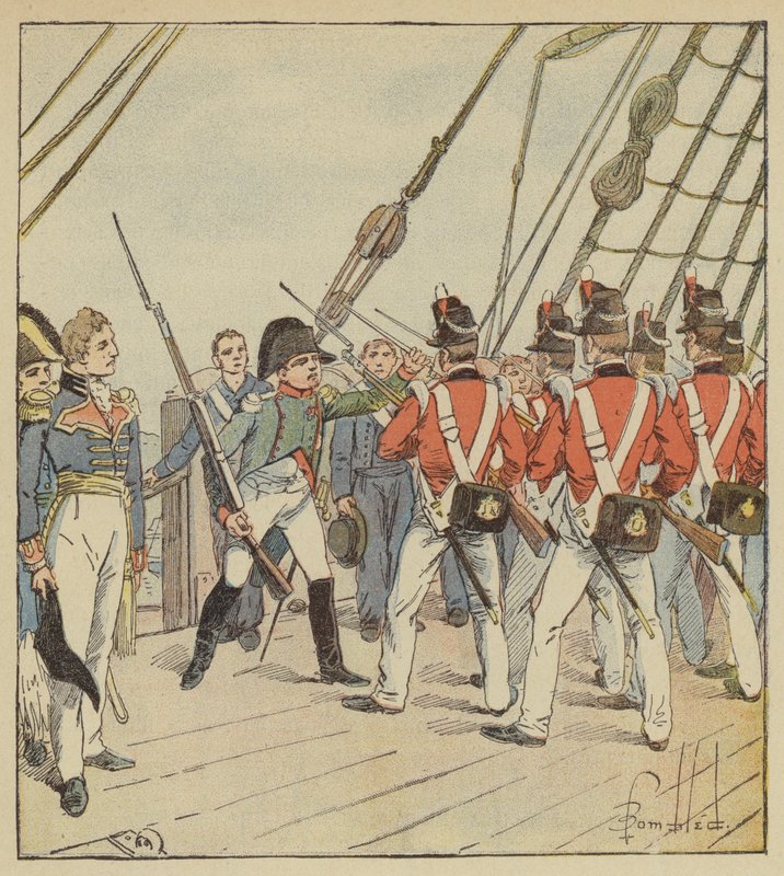 Der Kaiser befiehlt den Soldaten der Bellerophon Übungen von after Louis Charles Bombled