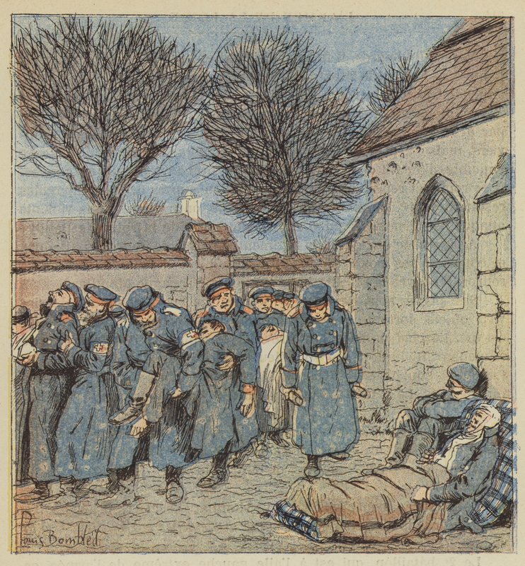 Die Verwundeten im Hof des Pfarrhauses von Lorcy von after Louis Charles Bombled