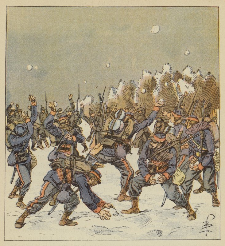 Die Soldaten beider Armeen kämpfen am Morgen des 11. Januar mit Schneebällen von after Louis Charles Bombled