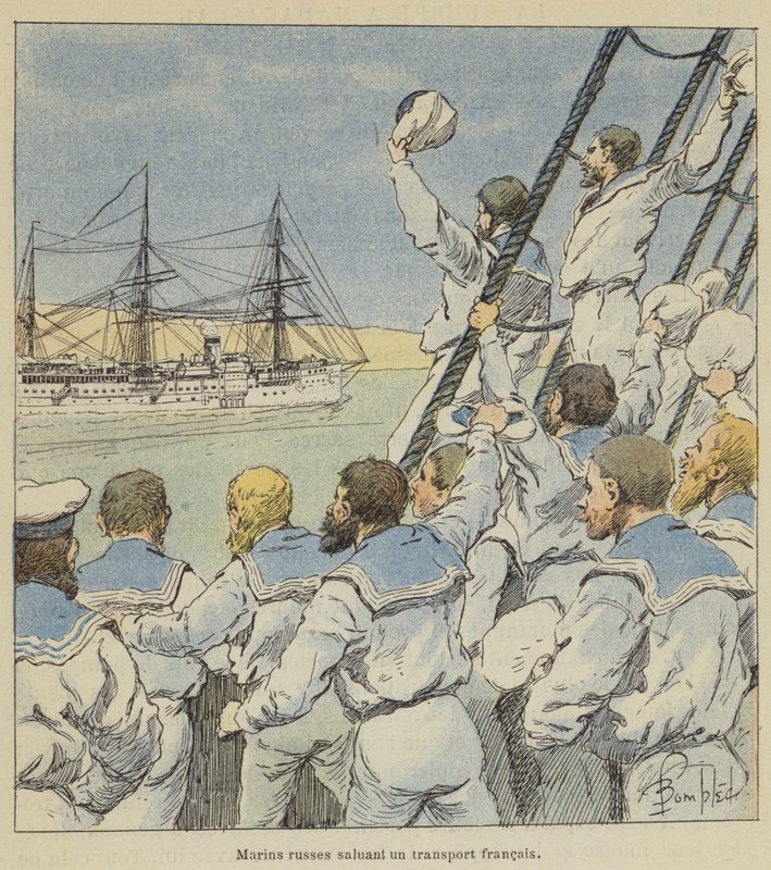Russische Matrosen grüßen ein französisches Transportschiff von after Louis Charles Bombled