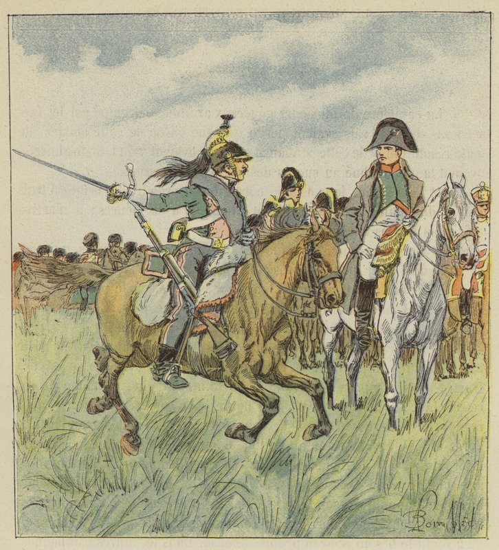 Ein Dragoner warnt den Kaiser vor dem Verrat eines seiner Generäle von after Louis Charles Bombled