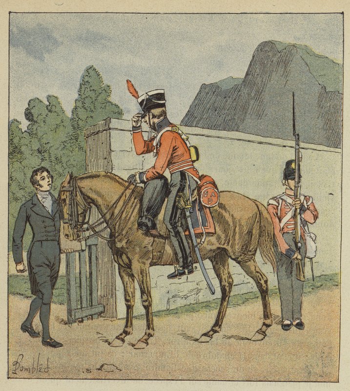 Ein Bote zu Pferd kommt nach Longwood und verlangt den Atlas von Le Sage von after Louis Charles Bombled