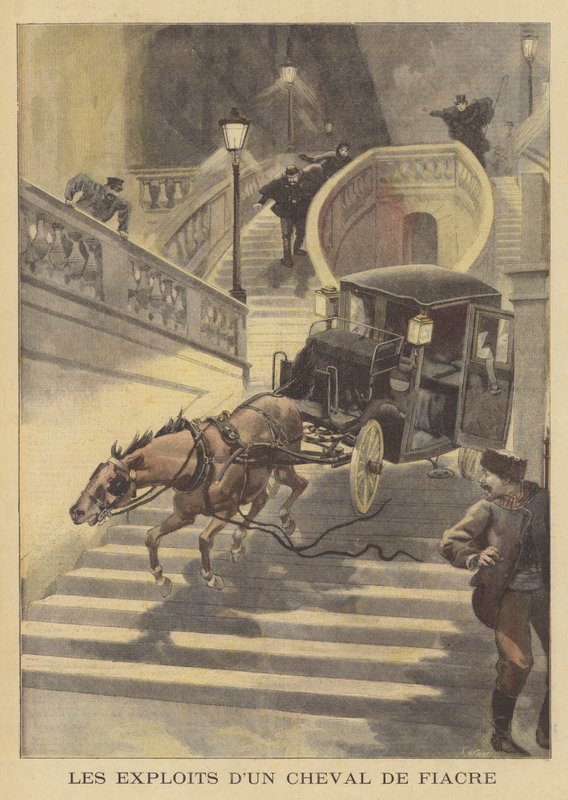 Ein Pferd zieht eine Kutsche eine Treppe hinunter in Paris von after Oswaldo Tofani