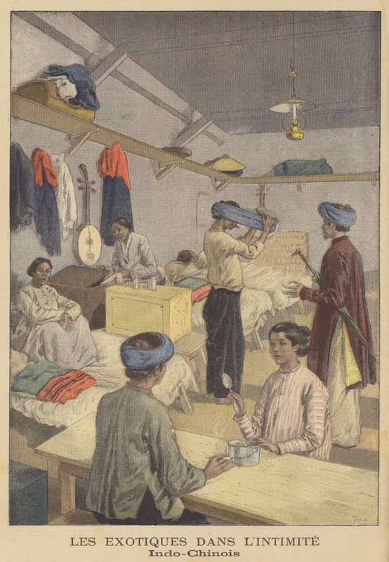 Menschen aus Französisch-Indochina in ihren Unterkünften auf der Weltausstellung 1900 in Paris von after Oswaldo Tofani