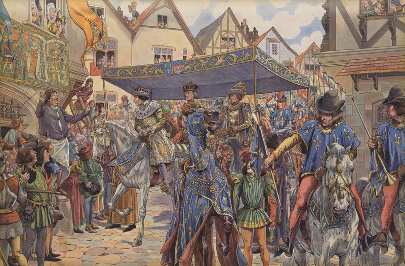 Menschenmengen auf den Straßen von Paris begrüßen Ludwig XI., als er aus Burgund kommt, um nach dem Tod seines Vaters Karl VII. sein Königreich zu beanspruchen von pseudonym for Onfray de Breville Jacques Job