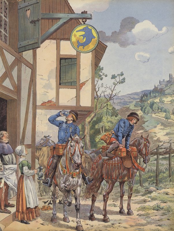 Boten erfrischen sich in einem Gasthaus am Straßenrand von pseudonym for Onfray de Breville Jacques Job