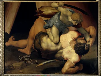David und Goliath. Gemälde auf beidseitig bemalter Schieferplatte, italienische Schule, 16. Jahrhundert, Maße 1,33 x 1,72 m, Paris, Musée du Louvre