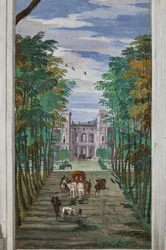 Perspektive mit Landschaftsansicht und Kutschen, Nordwand, Bacchus-Raum