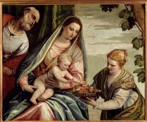 Die Heilige Familie mit einem Stifter (Heilige Dorothea). Gemälde von Paolo Veronese (1528-1588) 16. Jahrhundert Bordeaux, Musée des Beaux Arts