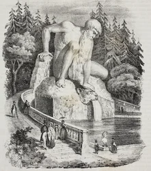 Koloss des Apennin (von Giambologna) im Park der Villa Demidoff (Villa Medicea di Pratolino), Vaglia, Toskana, Italien, Lithografie von Giovanni Mariani aus Poliorama Pittoresco, Nr. 10, 15. Oktober