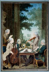 Die Herren Duport, Vachon, Rodolphe, Provers und Vernier. Gruppenporträt von Musikern während eines Konzerts. Aquarell von Louis Carrogis (1717-1806), genannt Carmontelle. 18. Jahrhundert. Maße: 0,34 x 0,23 m. Chantilly, Musée Condé