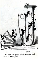 Herr Sax wird von dem Schwarzen Arzt verwundet. Adolphe (Adolph) Sax, Erfinder des Saxophons (1814-1894).