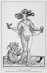 Frau und Verrückter, der seinen Penis mit einer Blume kitzelt, "Der Narr und das Weib", "Geschichte der Erotischen Kunst" von Edouard Fuchs, Berlin
