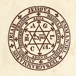 Okkulte Wissenschaften: magischer Kreis. Schema aus „De Occulta Philosophia“ des deutschen Okkultismusgelehrten Heinrich Cornelius Agrippa von Nettesheim (1486-1535) (bekannt als Cornelius Agrippa oder Agrippa von Nettesheim)