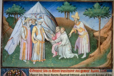 Die Brüder Nicolo und Matteo Polo, Vater und Onkel des jungen Marco Polo (1254-1324), wurden am Hof des Großkhan Qubilai (Kubilai Khan, erster Kaiser der mongolischen Yuan-Dynastie (1215-1294), mongolischer Kaiser im Jahr 1271) empfangen. Miniatur aus „