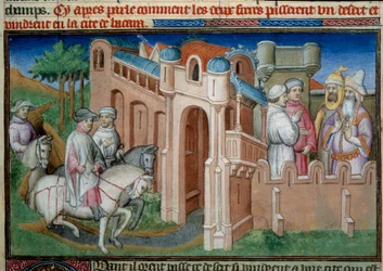 Brüder Nicolo und Matteo Polo, Onkel und Vater von Marco Polo (1254-1324) kommen in Buchara, Usbekistan an. Miniatur aus „Das Buch der Wunder“ („Devisement du monde“, „Il Milione“) von Marco Polo (1254-1324) illustriert vom Meister von Bouci.