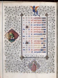 Manuskriptseite „Les Tres Riches Heures des Herzogs von Guise“ dekoriert mit Tierkreiszeichen und Darstellung landwirtschaftlicher Arbeiten, die Ernte. Miniatur des Meisters von Boucicaut