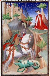 Seite des Manuskripts Les Tres Riches Hours du Duke Francois de Guise, illuminiert vom Meister von Boucicaut: Darstellung von Sankt Georg und dem Drachen. 15. Jahrhundert. Musee Conde, Chantilly
