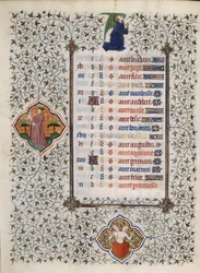 Seite des Manuskripts „Les Tres Riches Heures des Herzogs François de Guise“ illuminiert vom Meister von Boucicaut: Darstellung der Tierkreiszeichen und Alltagsszenen: Edelsteine. 15. Jahrhundert. Musée Condé, Chantilly