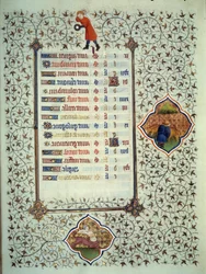 Seite des Manuskripts „Les Tres Riches Heures des Herzogs François de Guise“ illuminiert vom Meister von Boucicaut: Darstellung der Tierkreiszeichen und Alltagsszenen: der Schütze und ein Viehzüchter. 15. Jahrhundert. Musée Condé, Chantilly