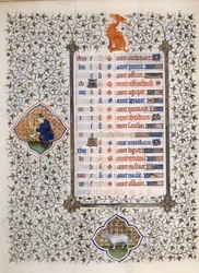 Seite des Manuskripts „Les Très Riches Heures du Duc François de Guise“, illuminiert vom Meister von Boucicaut: Darstellung der Tierkreiszeichen und Alltagsszenen: der Widder und ein Mann, der Weiden mäht. 15. Jahrhundert. Musée Condé, Chantilly