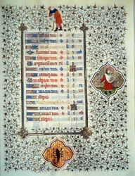 Seite des Manuskripts „Les Très Riches Heures du Duc François de Guise“, illuminiert vom Meister von Boucicaut: Darstellung der Tierkreiszeichen und Alltagsszenen: Skorpion und Pflanzung. 15. Jahrhundert. Musée Condé, Chantilly