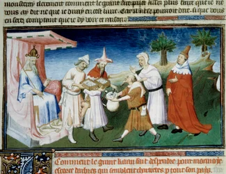 Qubilai (Kubilai Khan, erster Kaiser der mongolischen Yuan-Dynastie (1215-1294)) bezahlt seine Einkäufe mit Münzen aus Maulbeerbaumrinde. Miniatur aus Marco Polos „Das Buch der Wunder“