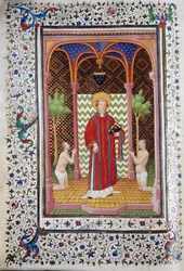Darstellung des Heiligen Leonhard (6. Jahrhundert), Einsiedler von Limousin, der zwei Gefangene freilässt. Seite des Manuskripts „Les Tres Riches Heures des Herzogs von Guise“ illuminiert vom Meister von Boucicaut. 15. Jahrhundert. Musée Condé, Chantilly