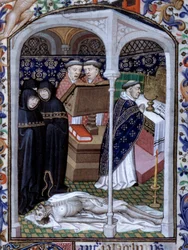 Szene einer Trauerzeremonie und makabren Tanzes. Miniatur aus dem Stundenbuch, verwendet in Paris, illuminiert vom Atelier des Meisters von Boucicaut, ca. 1415. Paris, B.N.